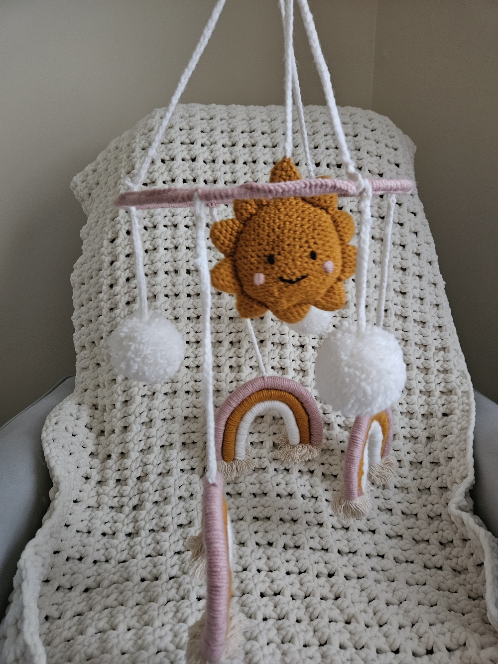 Handmade Pink & Mustard Sun and Rainbow Baby Mobile - Kids Accessories